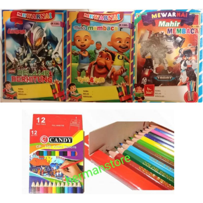 

BUKU MEWARNAI 3 pcs + BONUS PENSIL WARNA 12 WARNA / ULTRAMEN, UPIN-IPIN, TOBOT