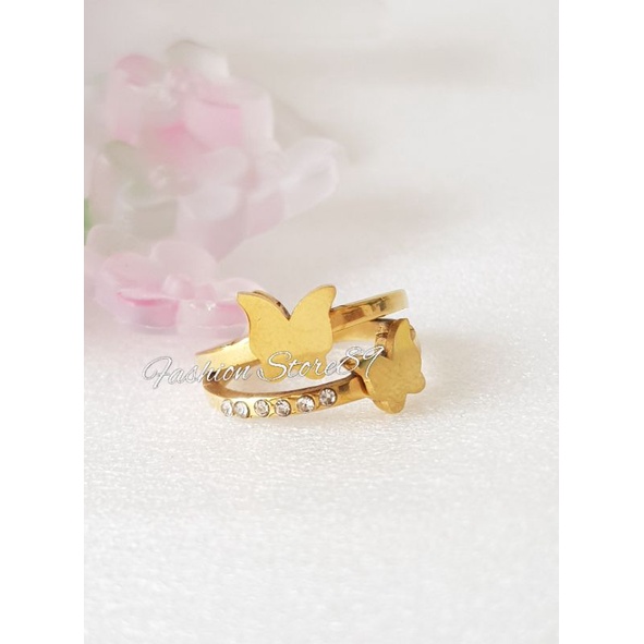 Cincin impor Buterfly ring Permata ring Fashion impor Titanium gold Kupu-kupu Ring Permata Fashion