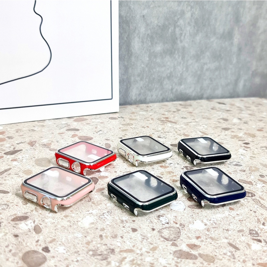 &quot; LIST CHROME COVER &quot; GLASS CASE APPLE WATCH - SERIES 1 2 3 4 5 6 7 SE | SIZE 38mm 40mm 41mm 42mm 44mm 45mm | tempered glass case pelindung layar cover iwatch