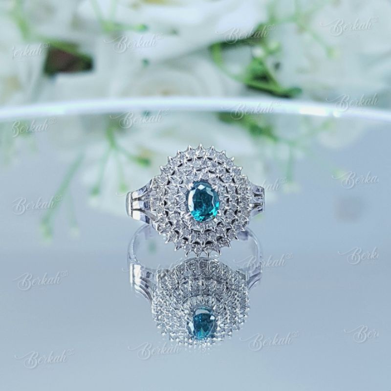 Cincin borobudur emas berlian asli dengan aquamarine