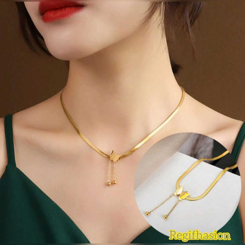 KALUNG TITANIUM PIPIH LIONTIN KUPU KUPU JURAI FASHION WANITA TERLARIS 2022 GARANSI ANTI KARAT TIDAK LUNTUR