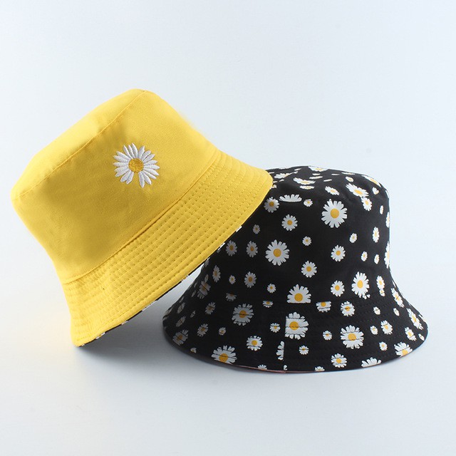 Topi Bucket Dua Sisi Anti Uv Motif Bordir Bunga Daisy Bahan Katun Twill / Bucket Bordir Bunga