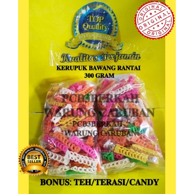 

KERUPUK BAWANG RANTAI/KEPANG 300 GR BONUS TEH/TERASI/CANDY