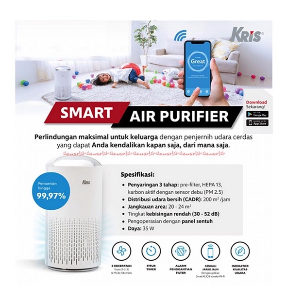 Kris Air Smart Purifier Dengan Tuya Wifi White Putih 3tahap Filter Hp Aplikasi Smart Phone Krisair