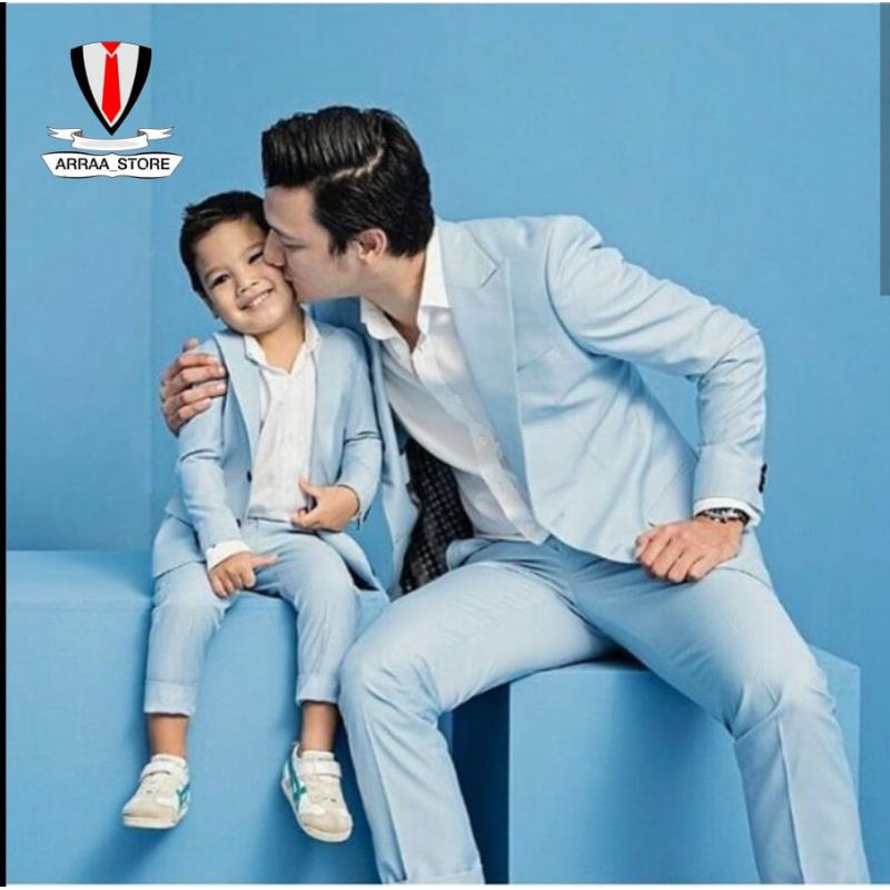 Arraa Store Setelan Jas Couple ayah dan anak model slimfit warna sky blue biru muda korean style unt