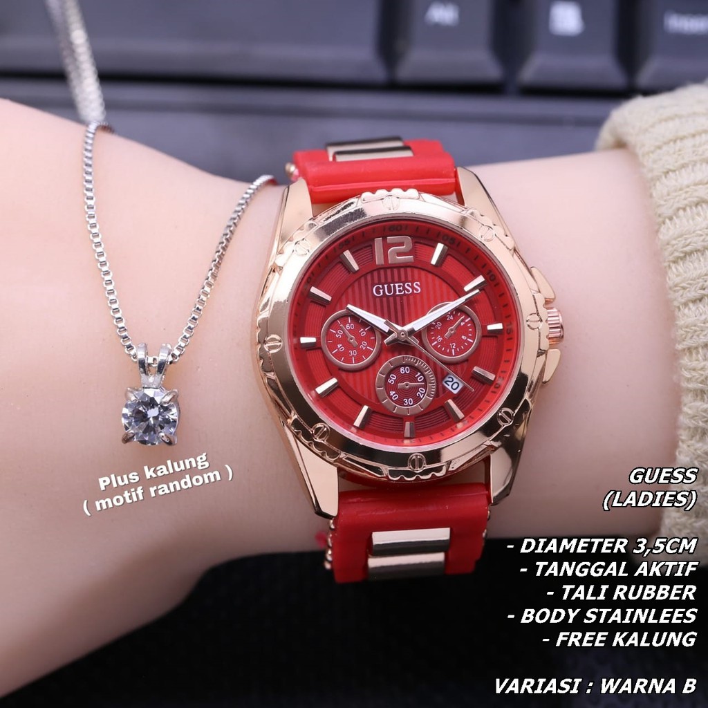 JAM TANGAN WANITA GUESS TALI RUBBER BODY BULAT TANGGAL AKTIF FREE KALUNG