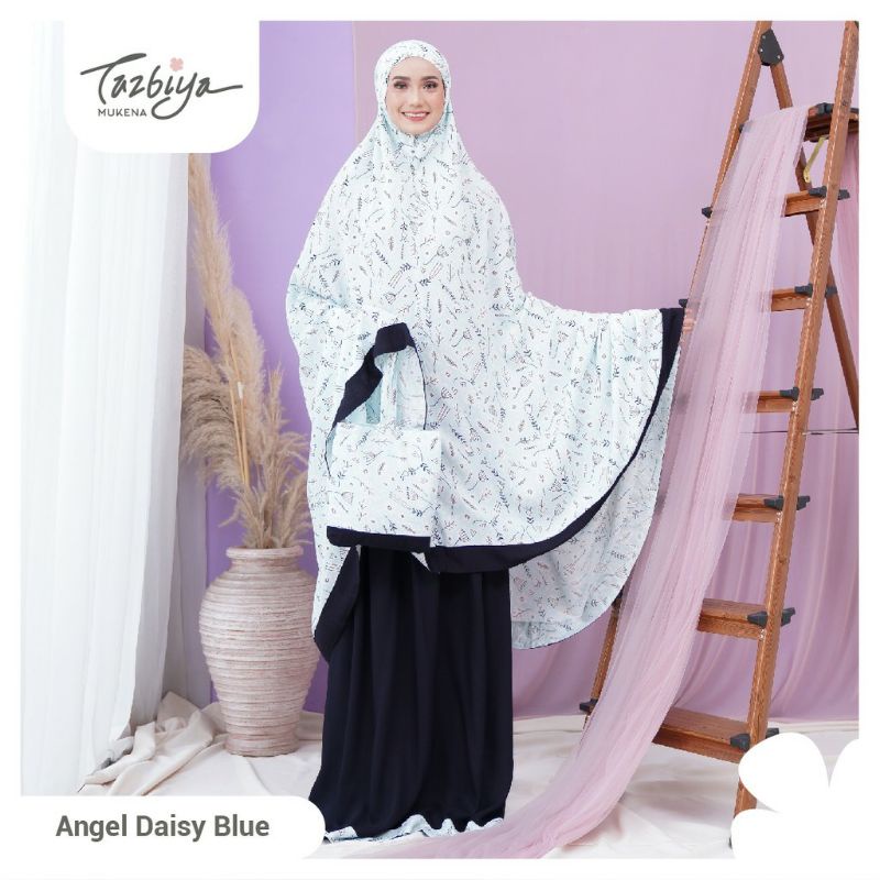 Mukena Tazbiya Angel Daisy Grey Blue Cream Jumbo Dewasa Katun Rayon Adem Motif Cantik Treveling