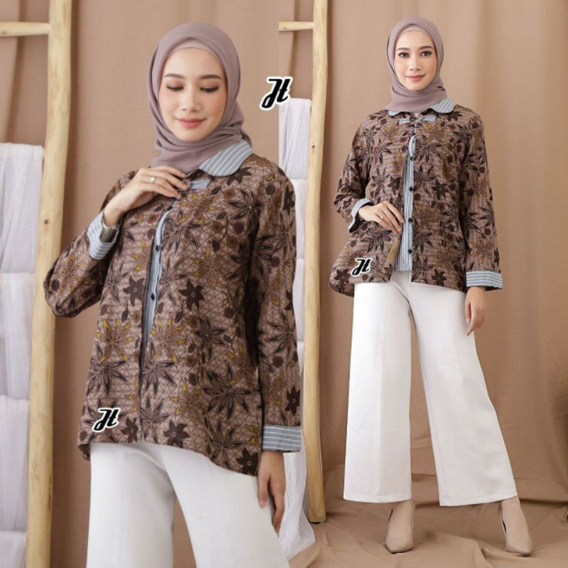 tey-17 Batik wanita ASJ SA HRB026 Kenongo Kemeja Tosca Pendek-BJT Kembagan Coklat