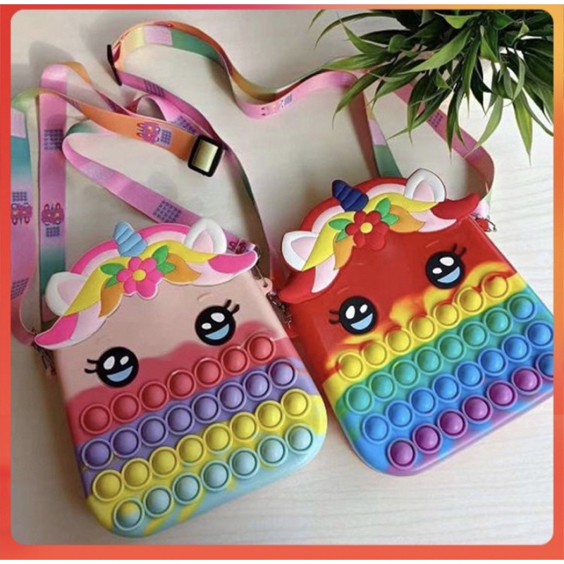 Tas Pop it Besar Unicorn Rainbow Anak Dompet Pop it BTS Tas Selempang Anak wanita