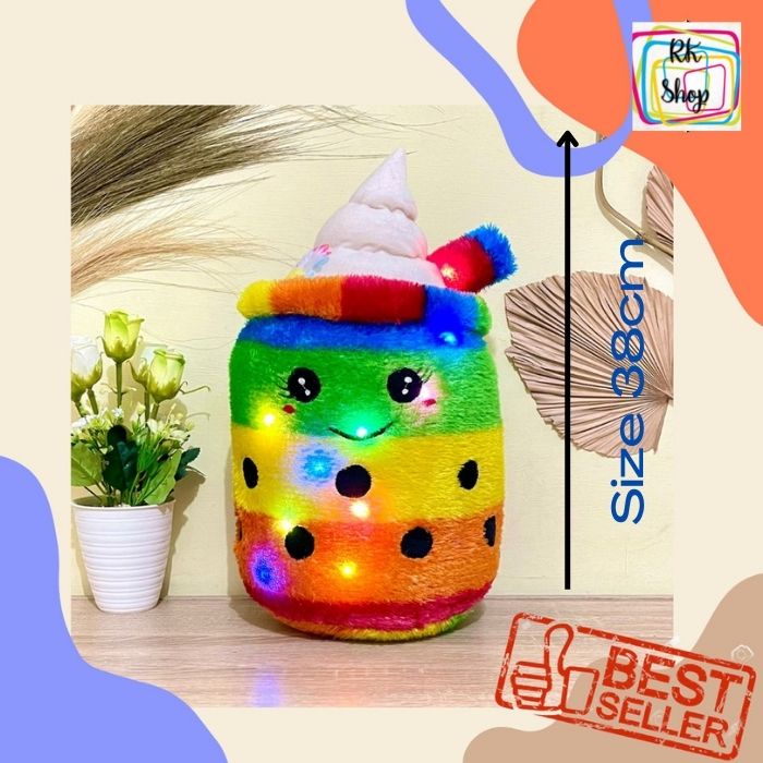 Boneka Boba Ice Cream LED Bahan Bulu Rasfur Motif Boba Es Krim LED
