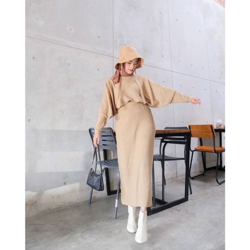 one set atasan batwing dan rok rajut panjang || atasan bawahan rajut murah