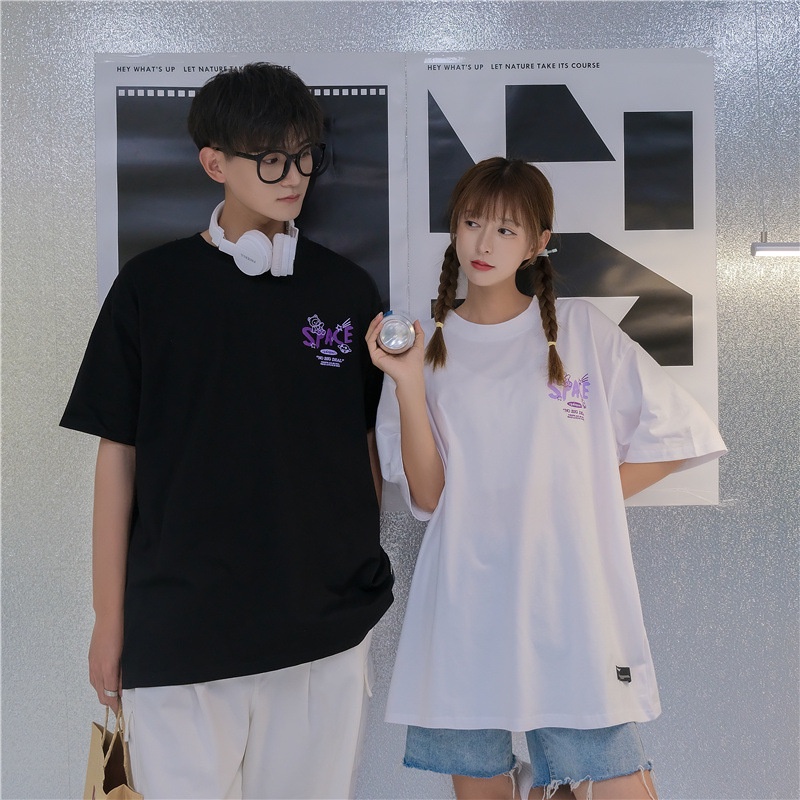 [littlecrab] Kaos Oversize Korea Space Lucu Kaos Couple Unisex Beruang Bulan Planet Korean Style