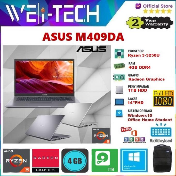 HARGA MURAH LAPTOP ASUS M409DA RYZEN 3-3250U 4GB 1TB RADEON GRAPHICS 14" WIN10 - EK3201TS-SILVER
