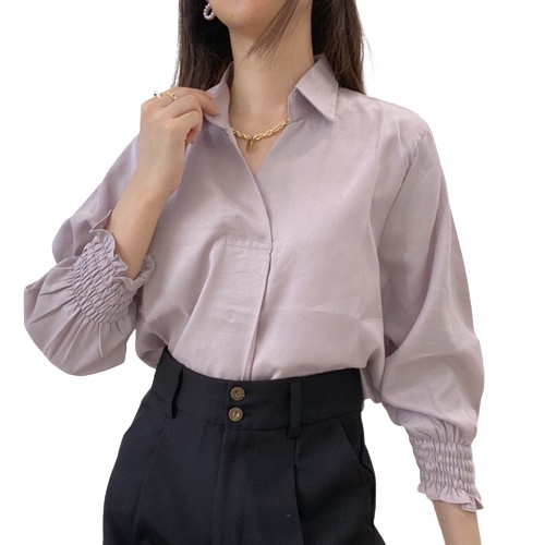 ZASKIYA - KARA V-Neck Blouse with Collar / Atasan Wanita Kantor Casual Lengan Karet