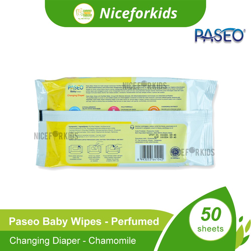 Paseo Baby Wipes Changing Diaper Purified Water 50's / Tisu Basah