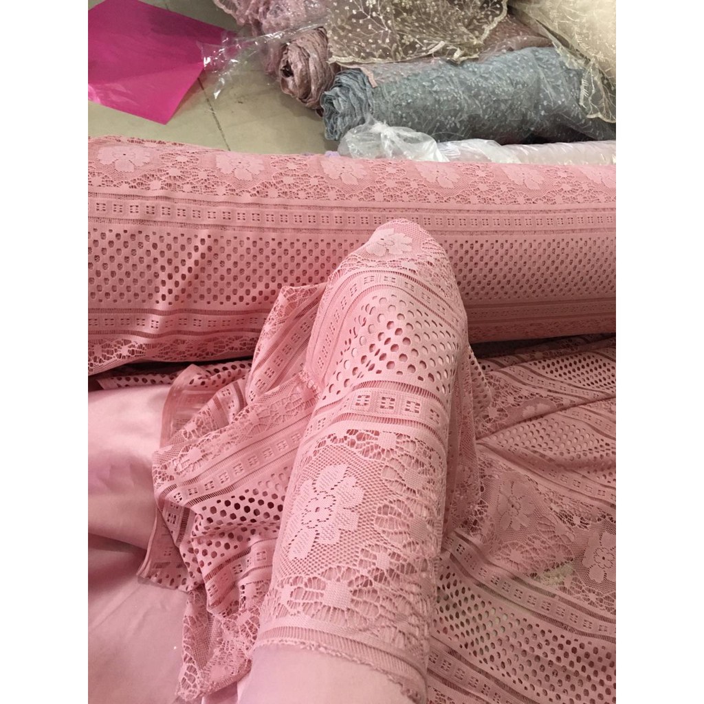 Kain Bahan Brokat Halus Renda Brukat Gamis Lace Royal Warna Dusty Pink Muda