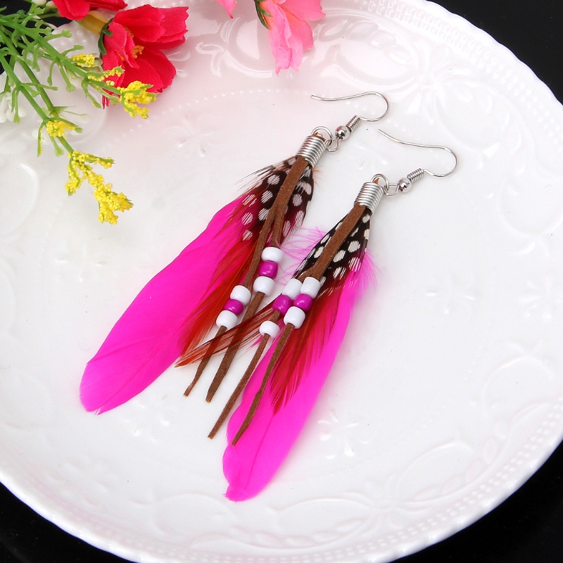 SIY  1 Pair Bohemia Handmade Natural Goose Feather Beads Tassel Dangle Earrings Women