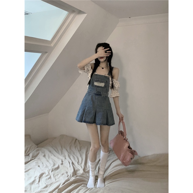 Mini Dress denim suspender rok wanita gaun kecil pinggang musim panas A-line rok desain rok lipit