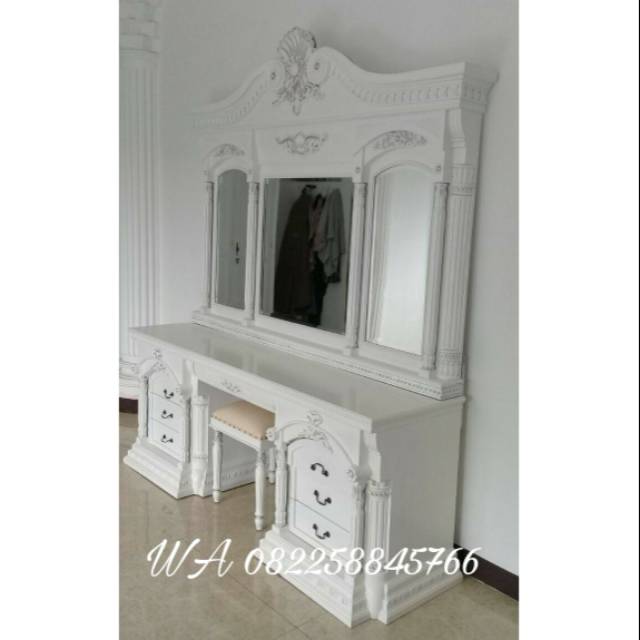 Meja Rias Mewah Warna Putih, Tolet Ukir Kayu Jati Buatan Jepara Murah Mewah Elegan