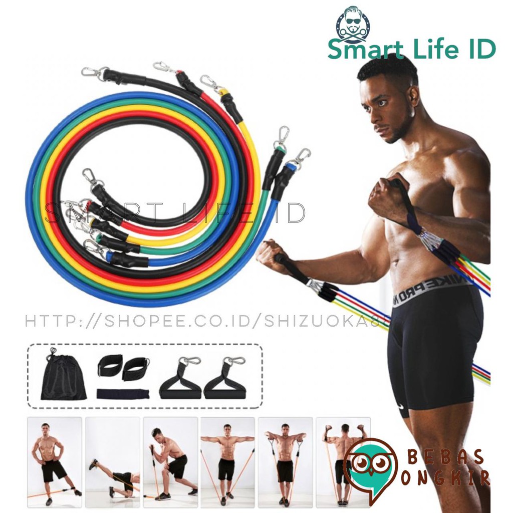 Power Resistance Band 11 Pcs Home Set Tali Tarik Karet Gym Yoga Fitness Alat Olahraga Chest Expander