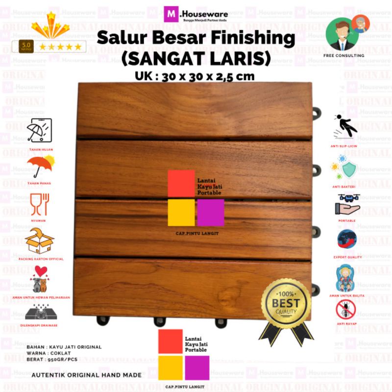 Lantai kayu jati Bongkar pasang Motif Salur Besar - Decking Tile Portable 4ply uk 30x30cm