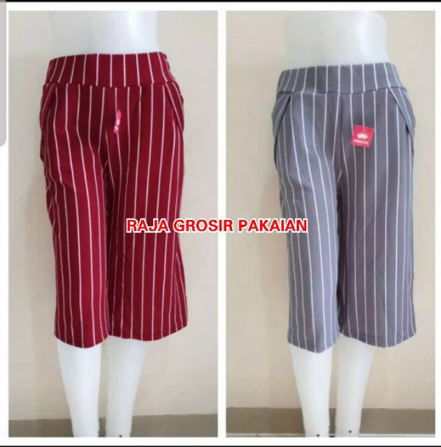 Celana Kulot Pendek 7/8 Dewasa Motif Salur Kalem Bahan Waffle/Crepe