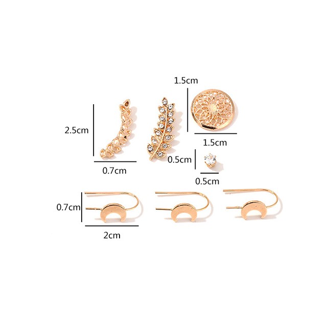 LRC Anting Tusuk Fashion Golden Moon Earring Diamond Leaf Flower Ear Stud Set D81678