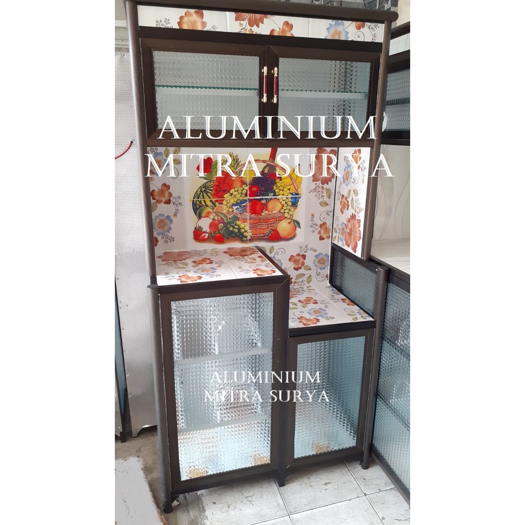 Rak Piring Dapur Aluminium Kaca Keramik SUPER 2 Pintu MC (COKLAT) Kuat Lemari Almunium Besar Kitchen