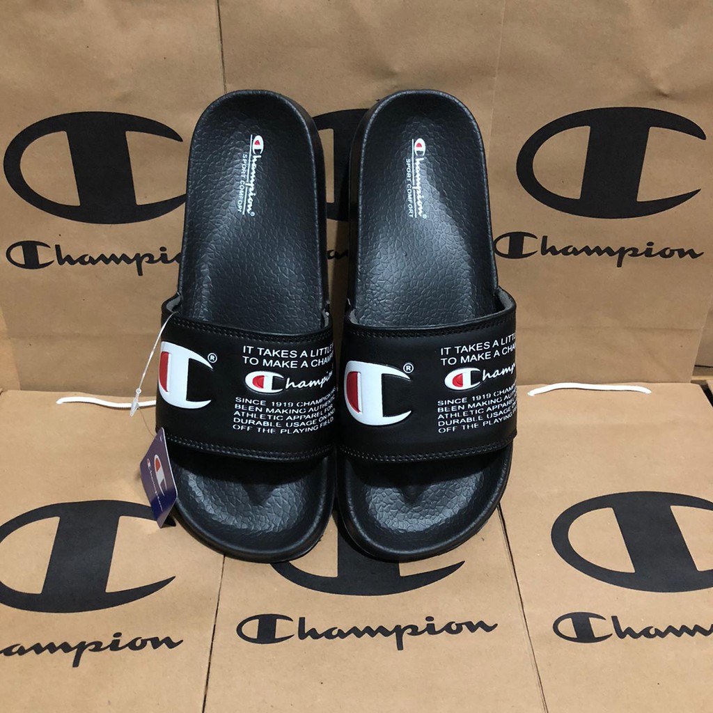 Sandal Champion Hitam/Sandal Slop Pria Kekinian