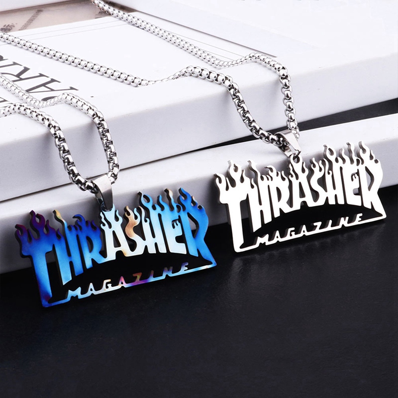 Kalung Dengan Liontin Desain Thrasher Magazine Flame Gaya Hip Hop Untuk Pria