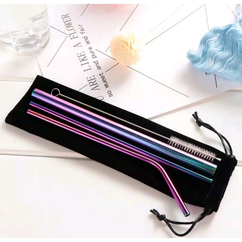 SEDOTAN STAINLESS 5 in 1 Steel Reusable Straw Sedotan Minuman Bahan Stainless 1set Lengkap HL0067