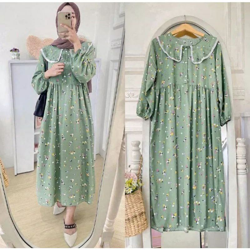 DRESS RAYON NIKITA KERAH HIJAU | MIDI BUSUI MOTIF BUNGA KECIL | GAMIS TANGGUNG