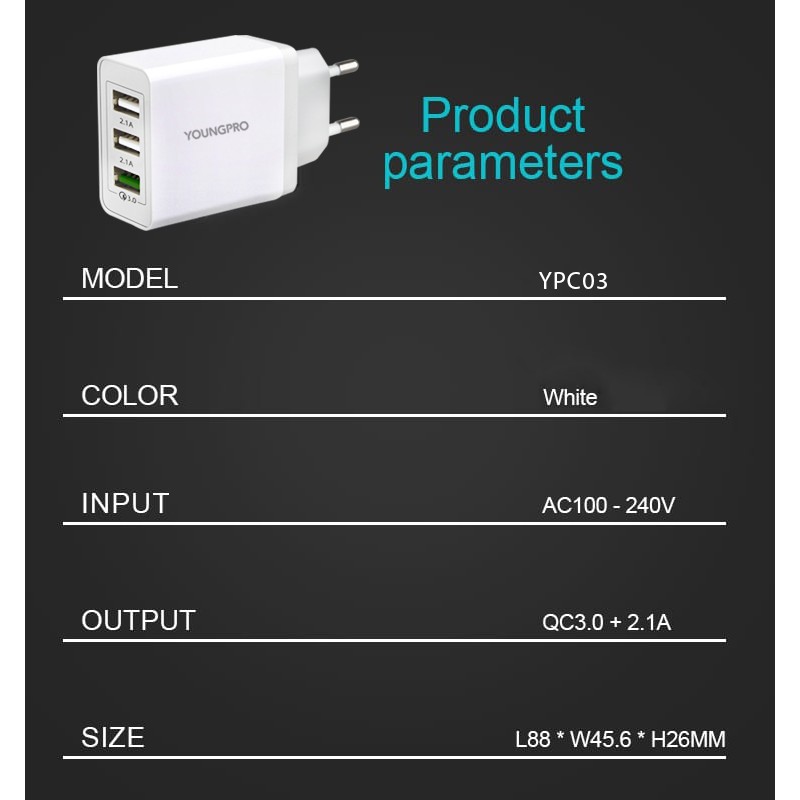 YOUNGPRO YPC03 28W 3 Port Quick Charge QC 3.0 Fast Charging