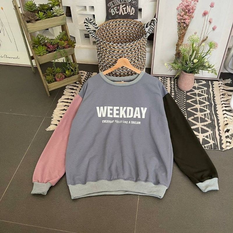 WEEKDAY COMBI COLOUR SWEATER WANITA CREWNECK BAHAN BABYTERRY