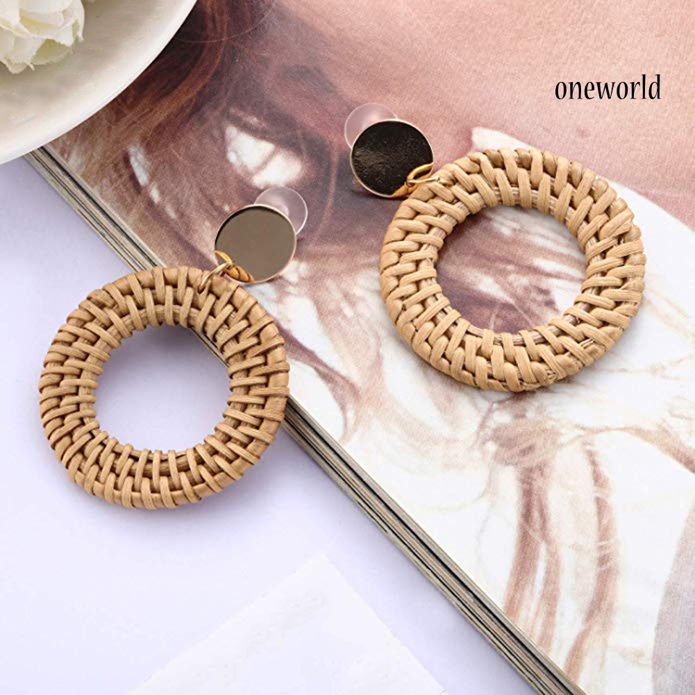 OW@ Bohemian Beach Rattan Woven Hollow Circle Drop Statement Women Stud Earrings