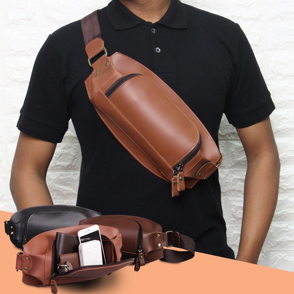 TAS SELEMPANG PRIA WAISTBAG COWOK MASKULIN KASUAL PAS BUAT HANGOUT BAHAN PU LEATHER TEBAL EWLO5