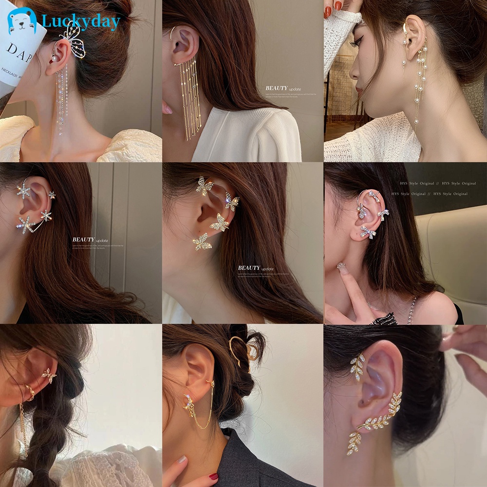 YEEZII Set Anting Kait + Klip Telinga Wanita Desain Kupu-Kupu Rumbai Rantai Emas / Silver Hias Mutiara