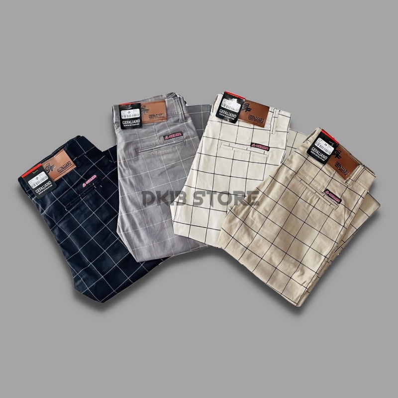 Celana Tartan Panjang Pria Slim Fit Original Gefaliano Warna Mocca Katun Twill Strecth 28-33