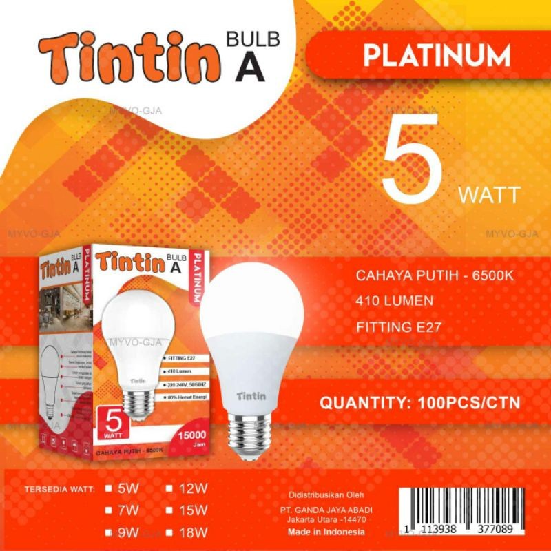 LAMPU LED NEW TINTIN PLATINUM CAHAYA PUTIH 5 W, 7 W, 9W, 12W, 15W, 18W GARANSI RESMI 1 TAHUN