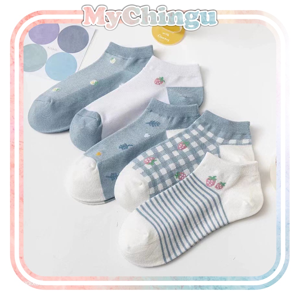 ❀ Chingu ❀ KK041 Kaos Kaki (Tanpa Kemasan) Wanita Tipis Pendek Semata Kaki Motif Blue Doggie Love Fashion Korea Women Sock Import Murah