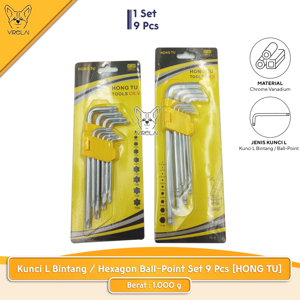 Kunci L Bintang / Hexagon Ball-Point Set 9 Pcs / Star L Key / Hexagon Ball-Point Set 9 Pcs [HONG TU]