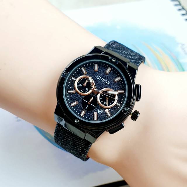 JAM TANGAN WANITA GUESS KANVAS CRONO TANGGAL AKTIF || DIAMETER 3.6 CM ||