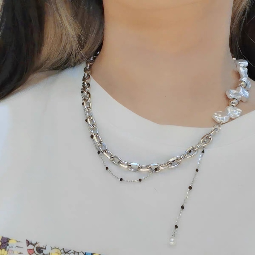 Niche desain mutiara baroque jahitan rantai kalung ins gaya dingin pribadi hip hop gadis kalung