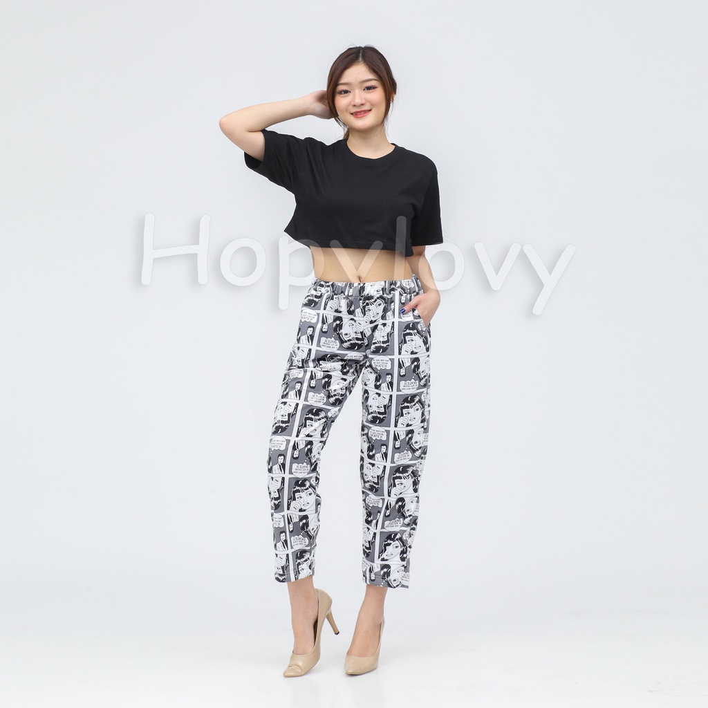 HOPYLOVY - Celana Panjang Wanita Motif Print Komik bahan Babyterry