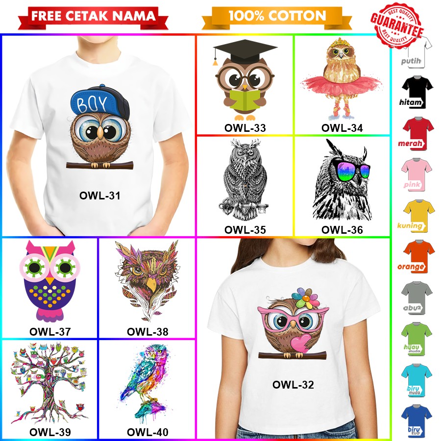 [FREE NAMA!!] Kaos baju COUPLE  ANAK DAN DEWASA BURUNG HANTU OWL BANYAK MOTIF