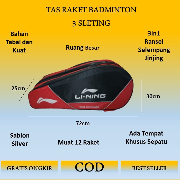 Order Langsung Tas Raket Badminton Yonex 3 Resleting Dolby - Merah Limited