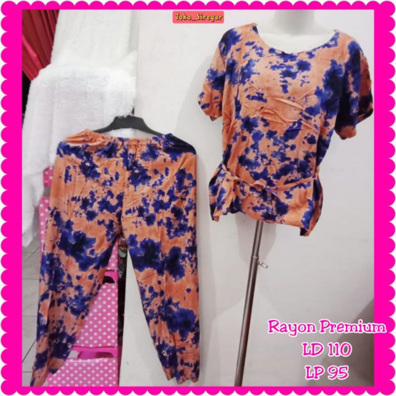 DASTER SET BAHAN RAYON SETELAN WANITA TIE DYE SET CELANA PANJANG TIEDYE BALI BAHAN RAYON BABY DOLL XL LD 110