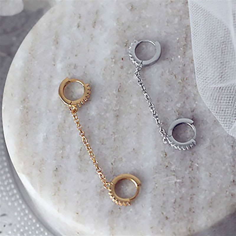 Anting Tusuk Gantung Wanita Desain Cincin Ganda Hias Berlian Imitasi Gaya Elegan / Korea / Simple / Minimalis Untuk Pesta