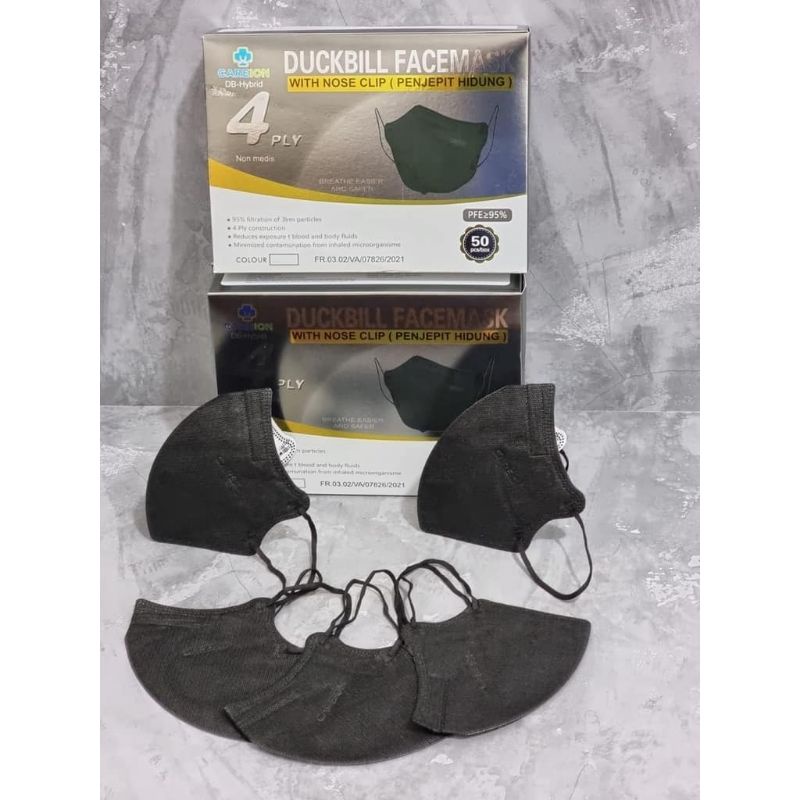 DUCKBILL CAREION HYBRID PREMIUM KN95 4PLY KAWAT BERKAWAT HIDUNG ISI 50PCS HITAM PUTIH TEBAL WARNA SO
