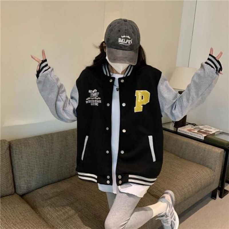 P BASEBALL 2XL 3XL Varcity Baseball Jacket | Unisex Jacket Fashion Terkini Bahan Fleece Korean Style